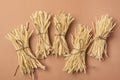 Uncooked Noodle Homemade Drying Wheat Noodles on Light Brown Background Top View Horizontal