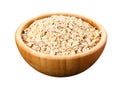 Uncooked oat flakes in wooden bowl on white background. Healthy food. Close up, top view, copy cpace, high resolution product. Royalty Free Stock Photo