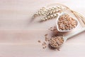 Uncooked organic whole spelt grain in a bowl with a wooden spoon and spelt ears on the Wooden background. Copy space. Royalty Free Stock Photo