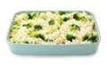 Uncooked pasta casserole with cheese and broccoli in baking dish isolated on white Royalty Free Stock Photo