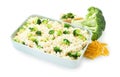 Uncooked pasta casserole with cheese and broccoli isolated on white Royalty Free Stock Photo
