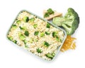 Uncooked pasta casserole with cheese and broccoli isolated on white, top view Royalty Free Stock Photo