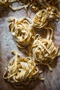 Uncooked pasta nest with flour