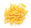 Uncooked penne pasta on white background