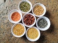 Uncooked pulses,grains and seeds in White bowls over ston background. selective focus Royalty Free Stock Photo
