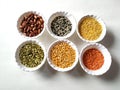 Uncooked pulses,grains and seeds in White bowls over ston background. selective focus Royalty Free Stock Photo