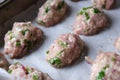 Uncooked raw healthy meat balls ready to be cooked on the oven