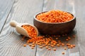 Uncooked raw red lentil in wooden shovel or bowl on wooden background Royalty Free Stock Photo