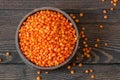 Uncooked raw red lentil in wooden shovel or bowl on wooden background Royalty Free Stock Photo