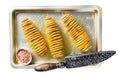 Uncooked raw Tornado or Twist potato fries. Isolated on white background, top view.