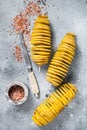 Uncooked raw Tornado or Twist potato fries. Wooden background. Top view. Copy space Royalty Free Stock Photo