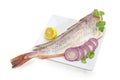 Uncooked red cod, lemon and red onion on white dish Royalty Free Stock Photo