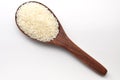 Uncooked rice, jasmine rice, mali rice,Thai jasmine rice in a wood ladle on white background.