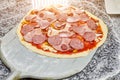 Uncooked salami pizza on pizza peel. Royalty Free Stock Photo