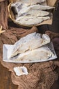 Uncooked salted cod on fishing nets Royalty Free Stock Photo