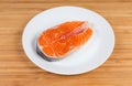 Uncooked steak of arctic char on dish on wooden surface Royalty Free Stock Photo