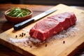 uncooked steak on a butchers block with a knife Royalty Free Stock Photo