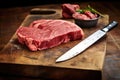 uncooked steak on a butchers block with a knife Royalty Free Stock Photo