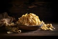 Uncooked tagliatelle pasta in a bowl on wooden background. AI generated