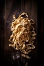 Uncooked tagliatelle pasta on wooden background. AI generated