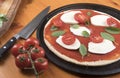 Uncooked tomato, basil and mozzarella pizza with tomatoes Royalty Free Stock Photo