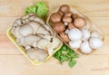 Uncooked various cultivated mushrooms and greens on wooden rustic table