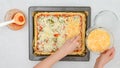 Uncooked vegetarian pizza on baking pan. Royalty Free Stock Photo