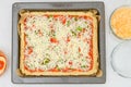 Uncooked vegetarian pizza on baking pan Royalty Free Stock Photo