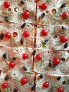 Vegetarian pizza, filling with tomatoes, olives, herbs, cheese and fresh rosemary Royalty Free Stock Photo