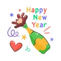 Uncork champagne Bottle showing concept flat sticker of happy new year event, new year party sticker