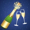 Uncorked bottle of Champagne with two cups. Toast. Event. Happy New Year or Anniversary. Blue and gold vector illustration. Royalty Free Stock Photo