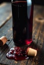 Uncorked bottle with wine cascading onto a rustic wooden surface, surrounded by scattered corks and a subtle vine garnish. A full Royalty Free Stock Photo