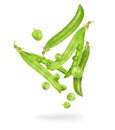 Uncovered pea pods in the air on a white background