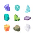 Uncut gems. Colored mineral diamond crystal silver and gold stones mining industry garish vector game illustrations in