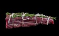An uncut piece of fresh raw beef tenderloin on a marble table with spices and rosemary. Raw Steaks With Nets With A Rope With Royalty Free Stock Photo