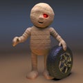 Undead Egyptian mummy monster with a car wheel, 3d illustration