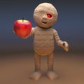 Undead Egyptian mummy monster eating an apple, 3d illustration Royalty Free Stock Photo