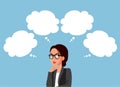 Troubled Businesswoman Having Many Thoughts Vector Cartoon Illustration