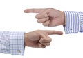 Two hands pointing in different directions, confusion or argument concept Royalty Free Stock Photo
