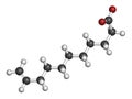 Undecylenic acid topical antifungal drug molecule. 3D rendering. Atoms are represented as spheres with conventional color coding: