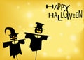 Halloween background with a scarecrow and a pumpkin on a bright light background with text. Royalty Free Stock Photo