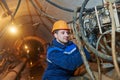 Undeground working in tunnel. sewer collector installation Royalty Free Stock Photo