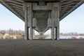 Under the Ada bridge on the river Sava in Belgrade, Serbia Royalty Free Stock Photo