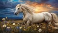 A noble horse walks on a cornflower field, its mane develops in the wind. Royalty Free Stock Photo