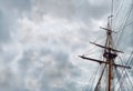Under Bare Poles. Everything surrounded this sailing vessel is soaked off with stormy foreboding feeling. Royalty Free Stock Photo