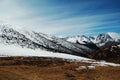 Under the blue sky and white clouds, a beautiful, huge and quiet snowy mountain