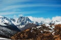 Under the blue sky and white clouds, a beautiful, huge and quiet snowy mountain