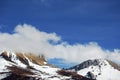 Under the blue sky and white clouds, a beautiful, huge and quiet snowy mountain