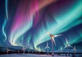 Aurora borealis over wind turbines at night in winter, generative ai