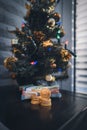 under a christmas tree lies a bundle of cash and a stack of gold coins Royalty Free Stock Photo